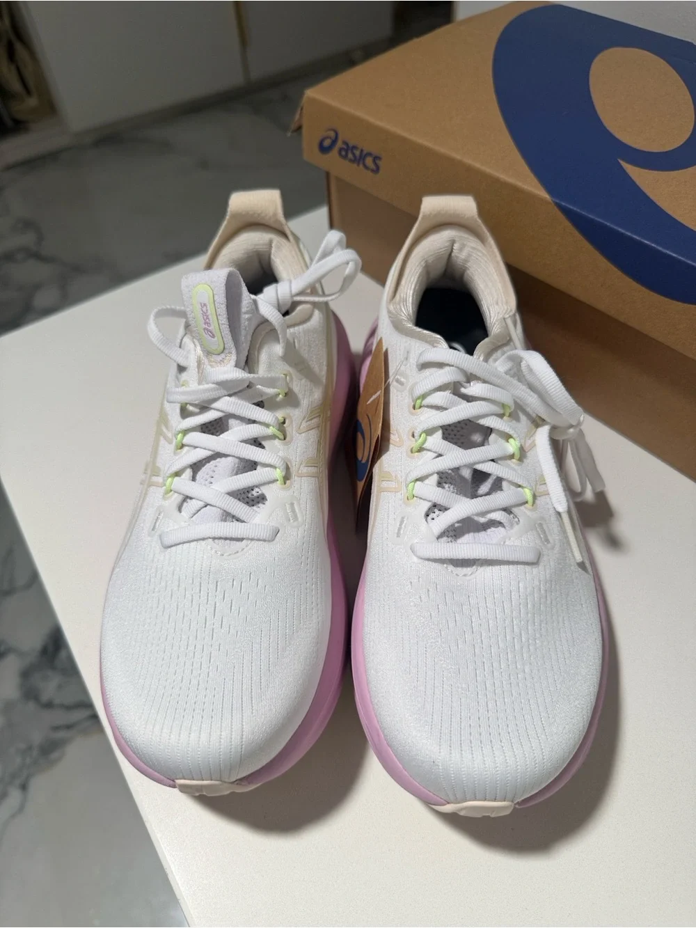 ASICS Women's White Running Sneakers with Pink Midsole GEL NIMBUS 28